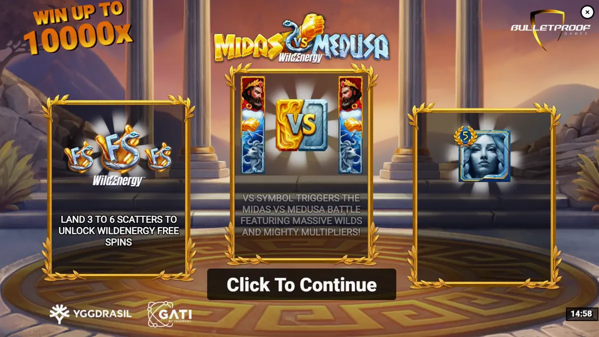 Tampilan visual pertarungan antara Midas dan Medusa dalam slot Midas VS Medusa WildEnergy